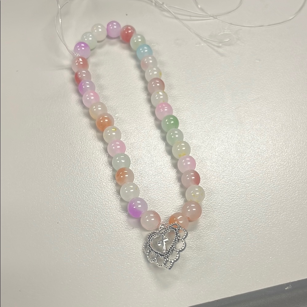 White and Pink Beaded Bracelet with Heart Charm